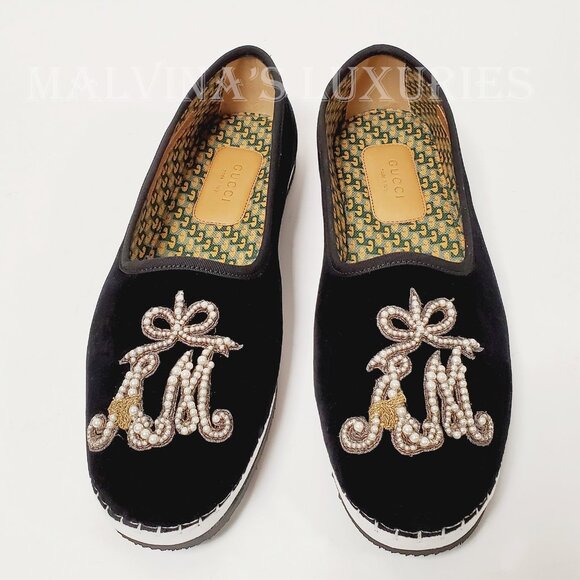 GUCCI SHOES BLACK VELVET MOCCASIN LOAFERS PEARL AM APPLIQUE FLATS sz 36.5 6.5 - Picture 4 of 12